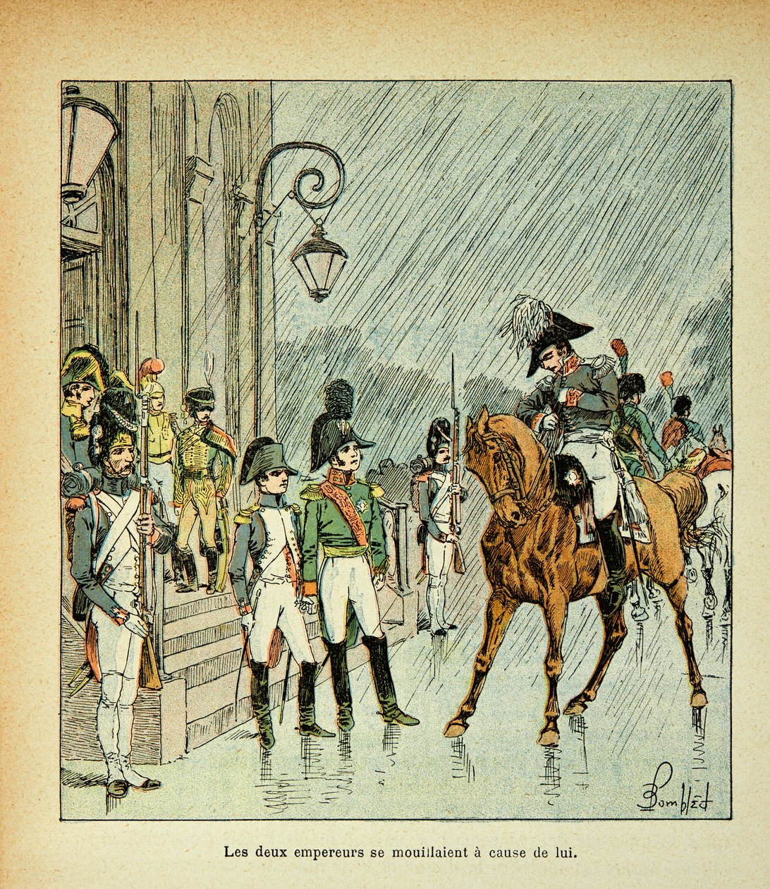 Ilustrace Bombled Louis (1862-1927) z knihy „Památník sv. Heleny“ od hraběte Emmanuela de Las Cases (1766-1842): Císař Napoleon, pruský král a car Alexandr I. (1777-1825) v Tilsittu Smlouva z roku 1807, Soukromá sbírka od Louis Charles Bombled