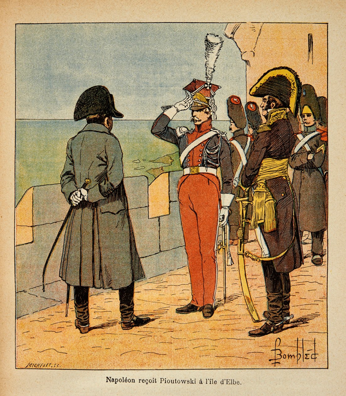 Ilustrace Bombled Louis (1862-1927) z knihy „Památník sv. Heleny“ od hraběte Emmanuela de Las Cases (1766-1842): Císař Napoleon přijímá Marechala Poniatowského na ostrově Elba, soukromá sbírka od Louis Charles Bombled