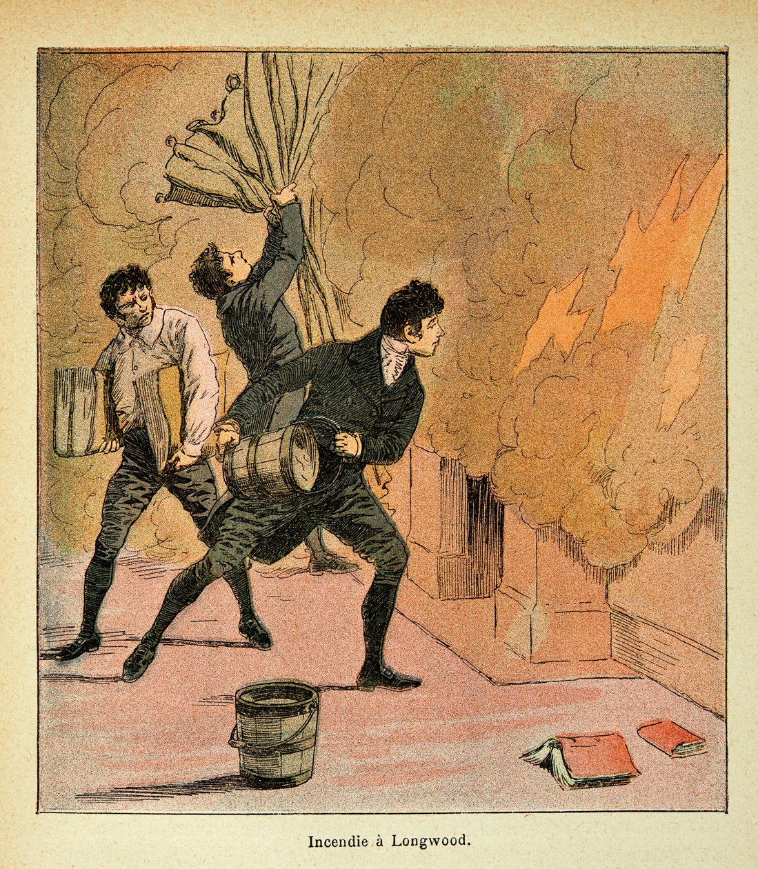 Ilustrace Bombled Louis (1862-1927) z knihy „The memorial se Sainte Helene“ od hraběte Emmanuela de Las Cases (1766-1842): Fire a Longwood, Private Collection od Louis Charles Bombled