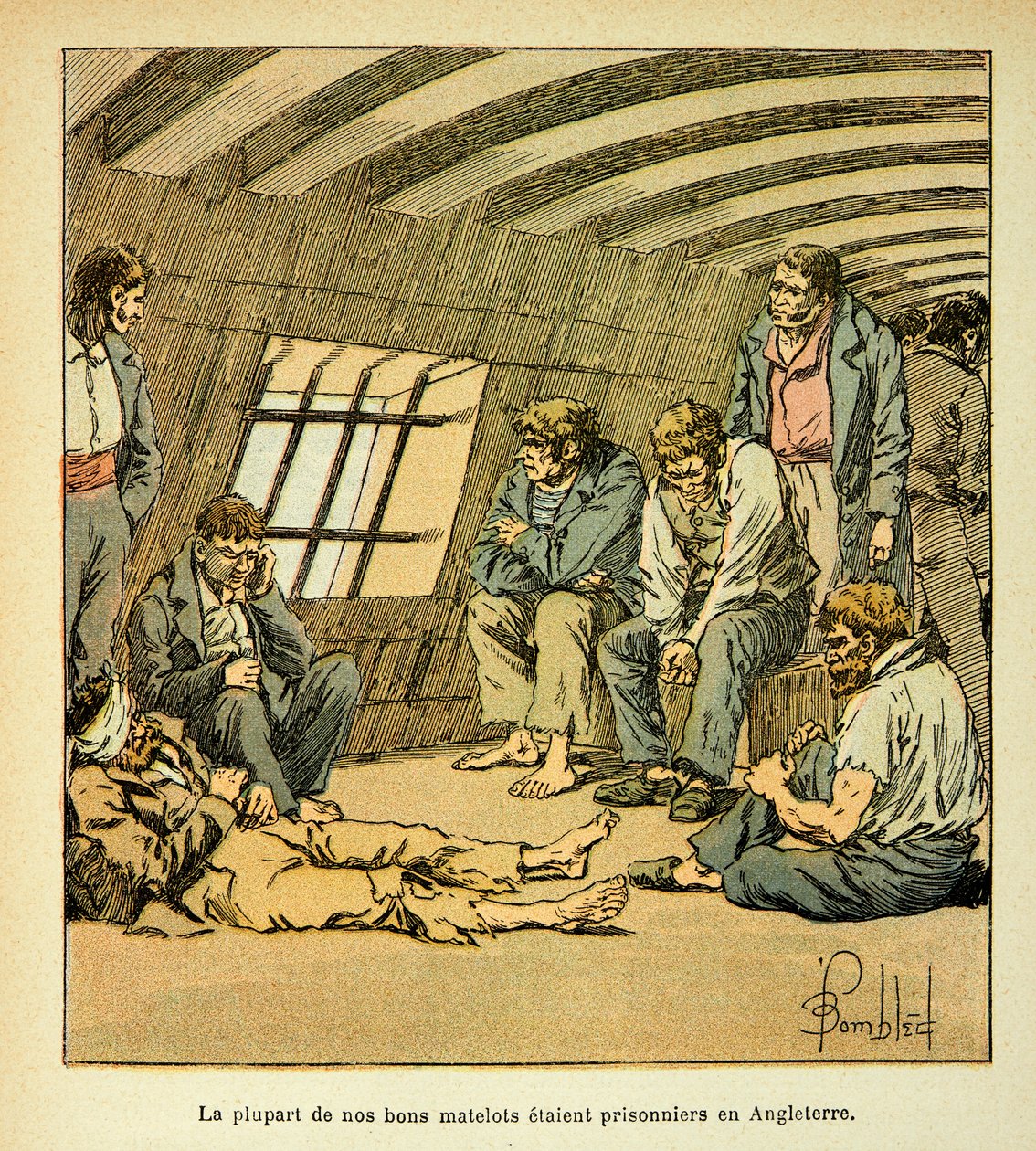 Ilustrace Bombled Louis (1862-1927) z knihy „The memorial se Sainte Helene“ od hraběte Emmanuela de Las Cases (1766-1842): Francouzští vězni na anglických pontonech, soukromá sbírka od Louis Charles Bombled