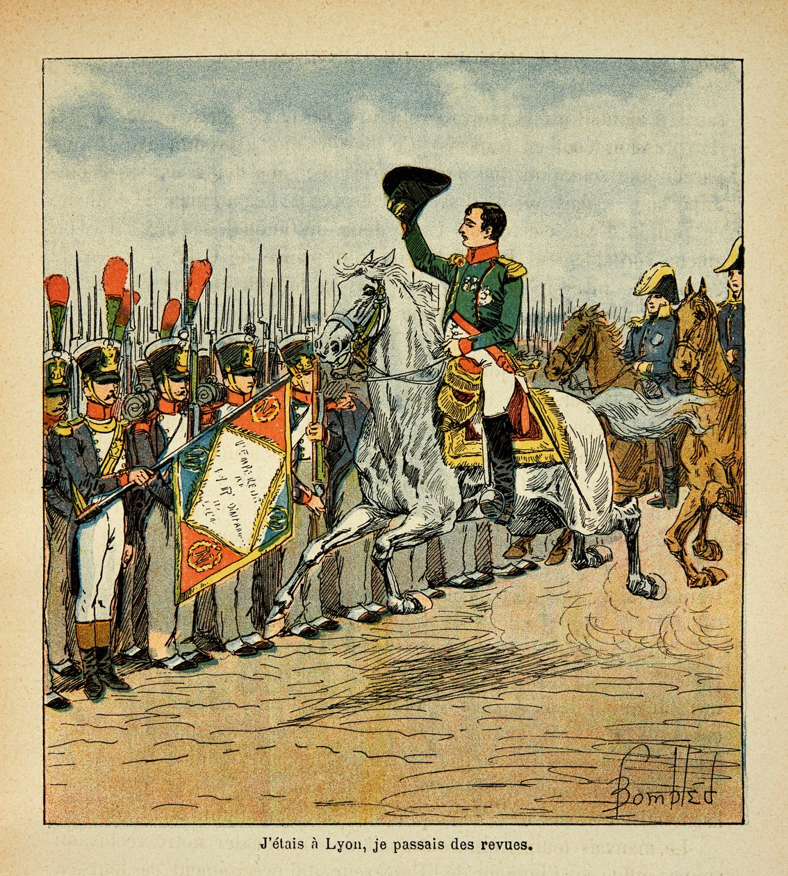 Ilustrace Bombled Louis (1862-1927) z knihy "The memorial se Sainte Helene" od hraběte Emmanuela de Las Cases (1766-1842): Císař Napoleon provádí přehlídku vojáků, soukromá sbírka od Louis Charles Bombled