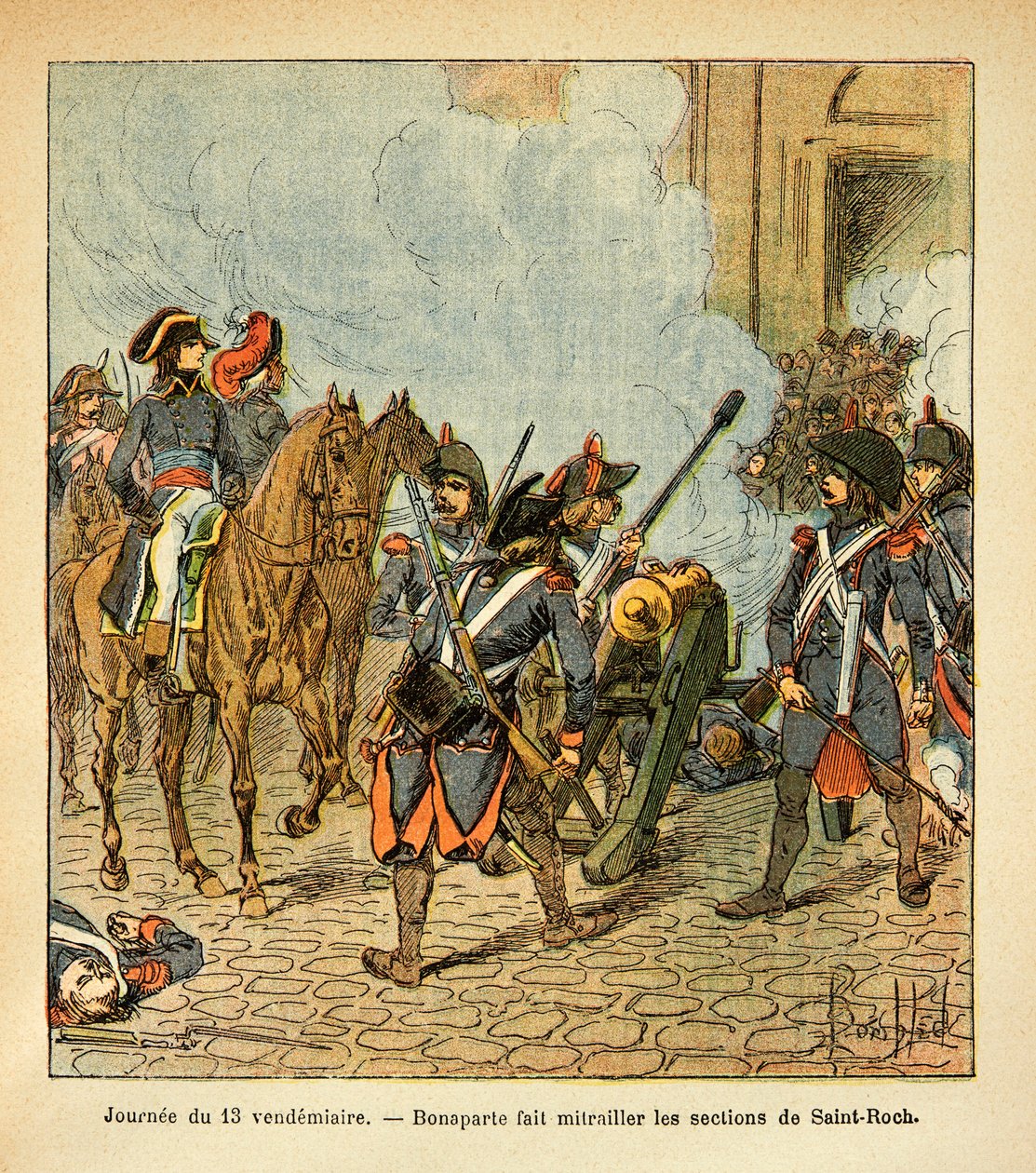 Ilustrace Bombled Louis (1862-1927) z knihy „The memorial se Sainte Helene“ od hraběte Emmanuela de Las Cases (1766-1842): Den 13. pátku, Bonaparte nechá části Saint Roch střílet z děla, Soukromá sbírka od Louis Charles Bombled