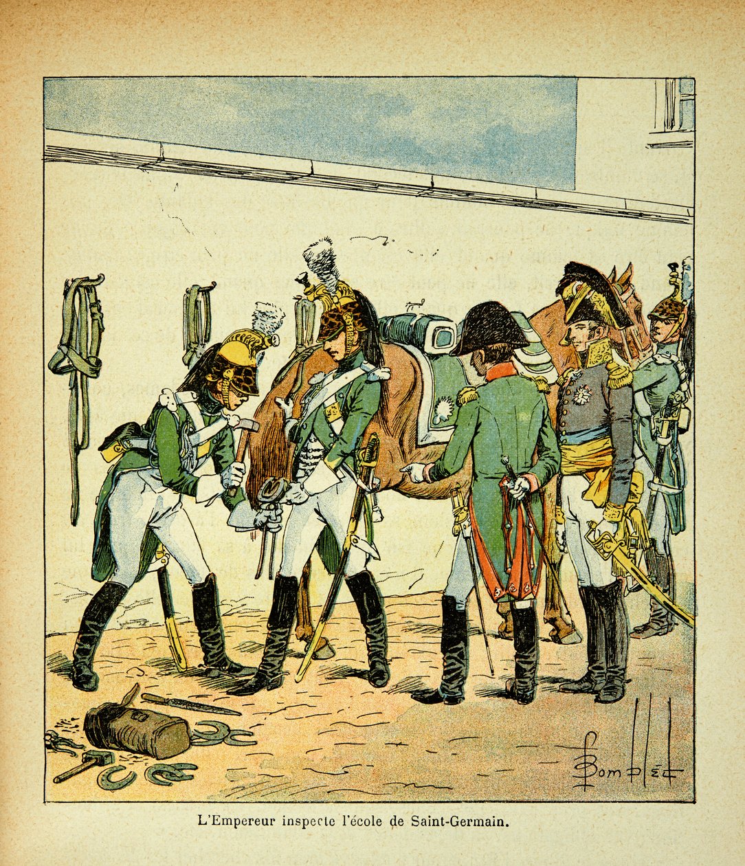 Ilustrace Bombled Louis (1862-1927) z knihy „The memorial se Sainte Helene“ od hraběte Emmanuela de Las Cases (1766-1842): Císař Napoleon kontroluje školu Saint Germain, soukromá sbírka od Louis Charles Bombled