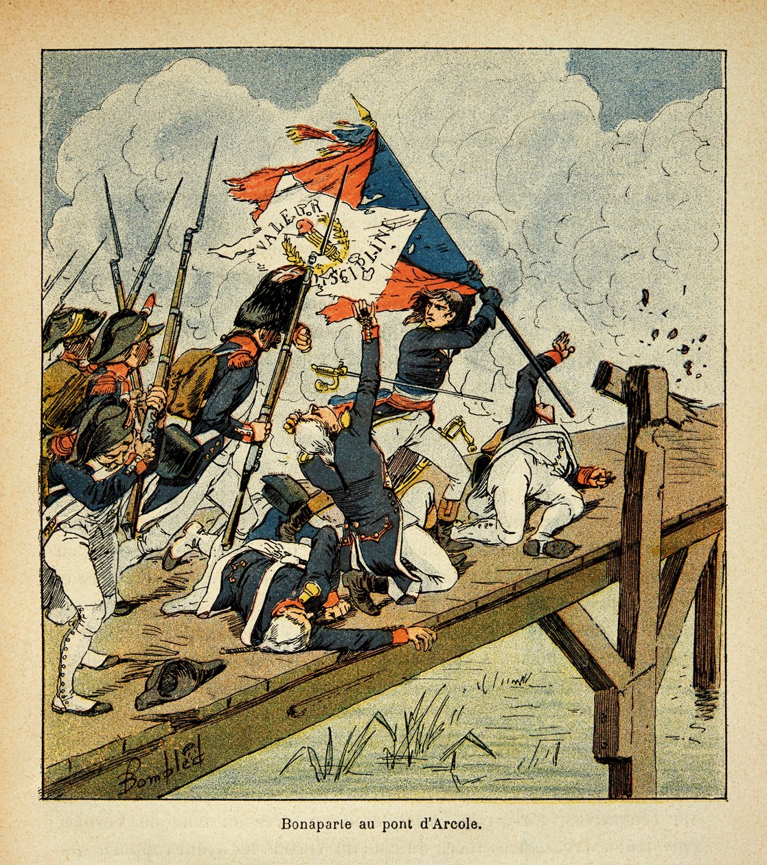 Ilustrace Bombled Louis (1862-1927) z knihy „The memorial se Sainte Helene“ od hraběte Emmanuela de Las Cases (1766-1842): Bonaparte u mostu Arcole, soukromá sbírka od Louis Charles Bombled