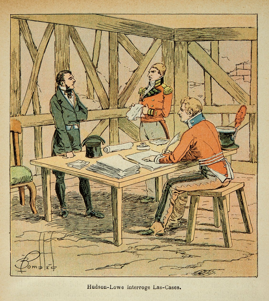 Ilustrace Bombardovaného Louise (1862-1927) od hraběte Emmanuela de Las Cases (1766-1842): Guvernér Hudson Lowe (1769-1844) zpochybňuje Las Cases, soukromá sbírka od Louis Charles Bombled