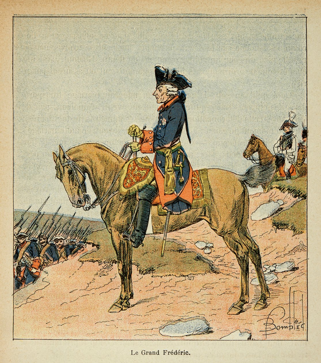 Ilustrace Bombardovaného Ludvíka (1862-1927) z knihy „The Memorial Se Sainte Helene“ od hraběte Emmanuela de Las Cases (1766-1842): Jezdecký portrét pruského Fridricha II. zvaného Velký Frederik (1712-1786), vojín Sbírka od Louis Charles Bombled