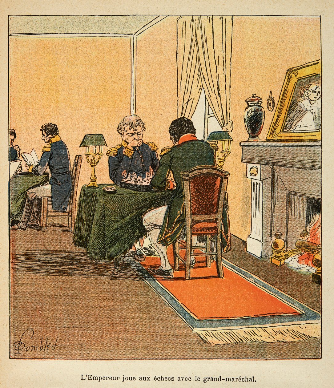 Ilustrace Bombardovaného Louise (1862-1927) z knihy „Památník svaté Heleny“ od hraběte Emmanuela de Las Cases (1766-1842): Napoleon a Grand Marechal Henri Gatien Bertrand (1773-1844) hrající šachy v srpnu 1816 v Ste Helene, Soukromá sbírka od Louis Charles Bombled