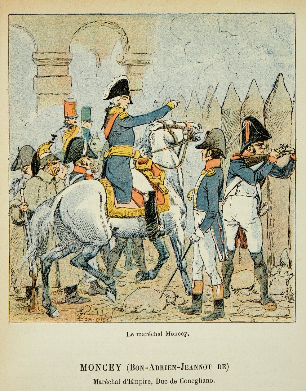 Ilustrace Bombardovaného Louise (1862-1927) z knihy „Památník svaté Heleny“ od hraběte Emmanuela de Las Cases (1766-1842): Marechal Bon Adrien Jeannot de Moncey (1754-1842), vévoda z Conegliano, soukromá sbírka od Louis Charles Bombled