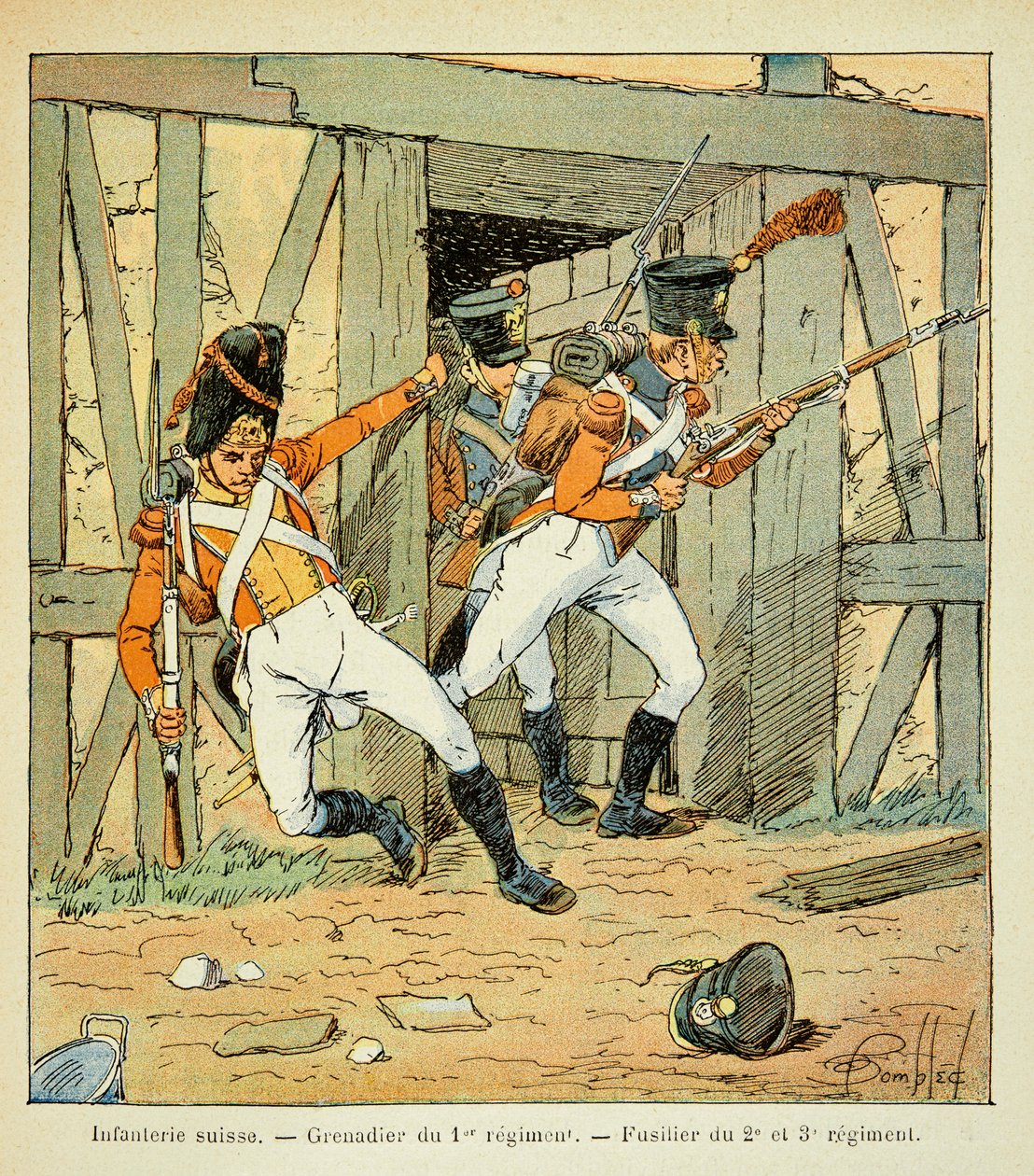 Ilustrace Bombardovaného Louise (1862-1927) z knihy „Památník svaté Heleny“ od hraběte Emmanuela de Las Cases (1766-1842): Švýcarská pěchota: Granátník 1. pluku a střelec 2., 3. a 3. pluku, Soukromá sbírka od Louis Charles Bombled