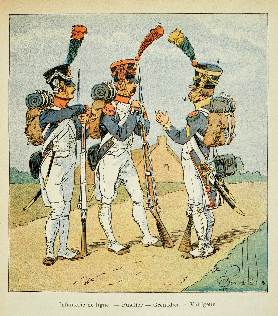 Ilustrace Bombardovaného Louise (1862-1927) z knihy „Památník svaté Heleny“ od hraběte Emmanuela de Las Cases (1766-1842): Armee Francaise: Řádová pěchota: střelec, granátník a voltiger, soukromá sbírka od Louis Charles Bombled