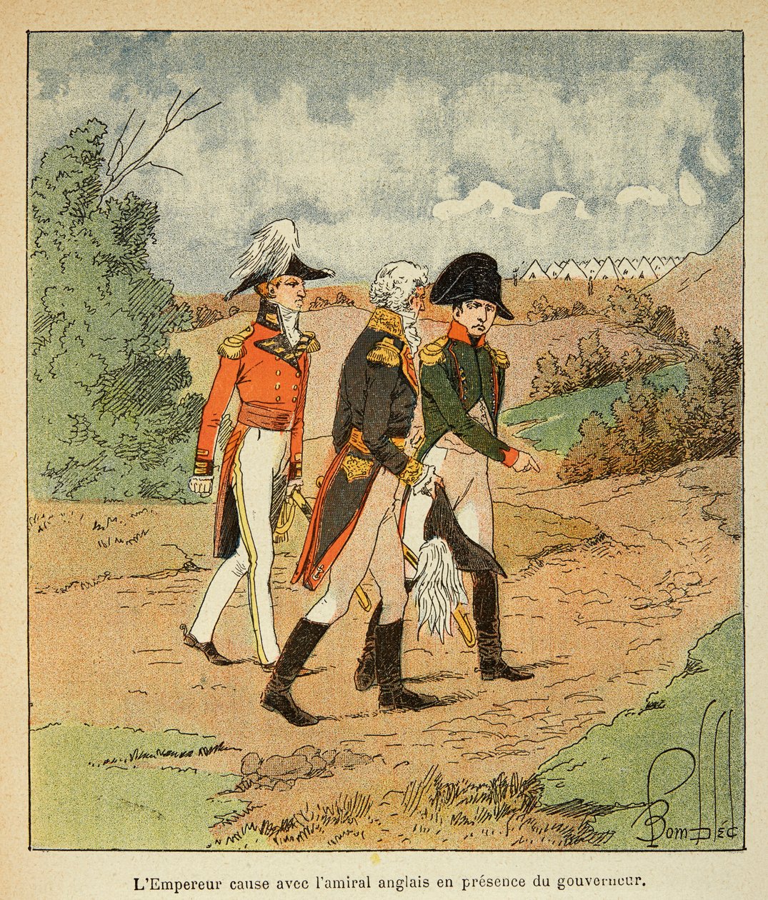 Ilustrace Bombardovaného Louise (1862-1927) z knihy „Památník svaté Heleny“ od hraběte Emmanuela de Las Cases (1766-1842): Rozhovor mezi Napoleonem, guvernérem Hudsonem Moweem a anglickým admirálem Cockburnem v srpnu 1816 v Ste Helene, Private Co od Louis Charles Bombled