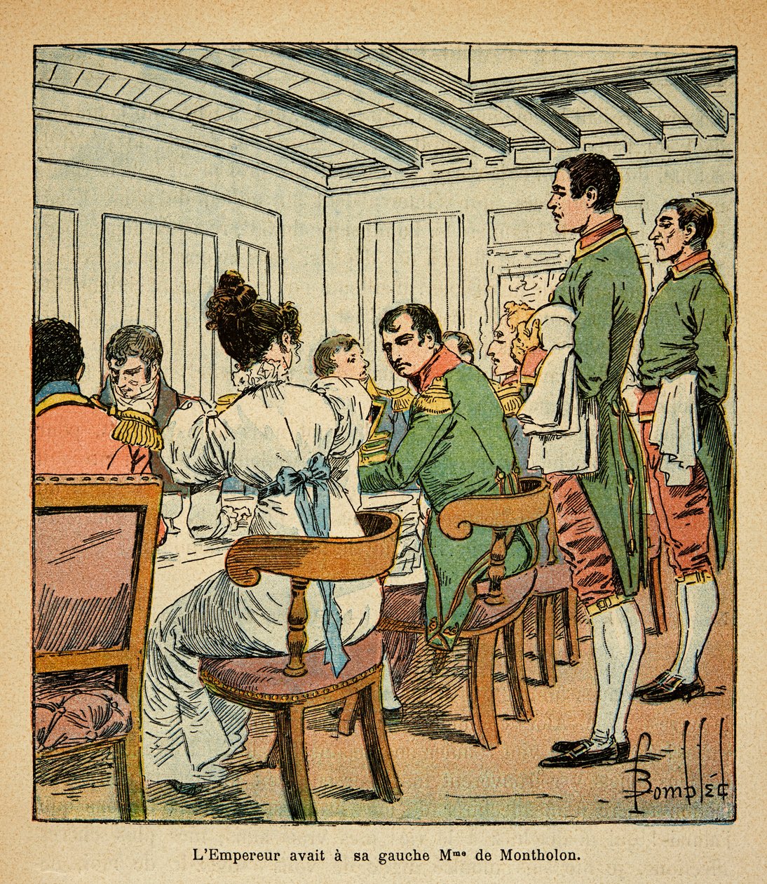Ilustrace Bombardovaného Ludvíka (1862-1927) z knihy „Památník svaté Heleny“ od hraběte Emmanuela de Las Cases (1766-1842): Večeře císaře Napoleona na palubě Northumberland na cestě do St. Helene s paní De Montholon po její levici, vojíne od Louis Charles Bombled
