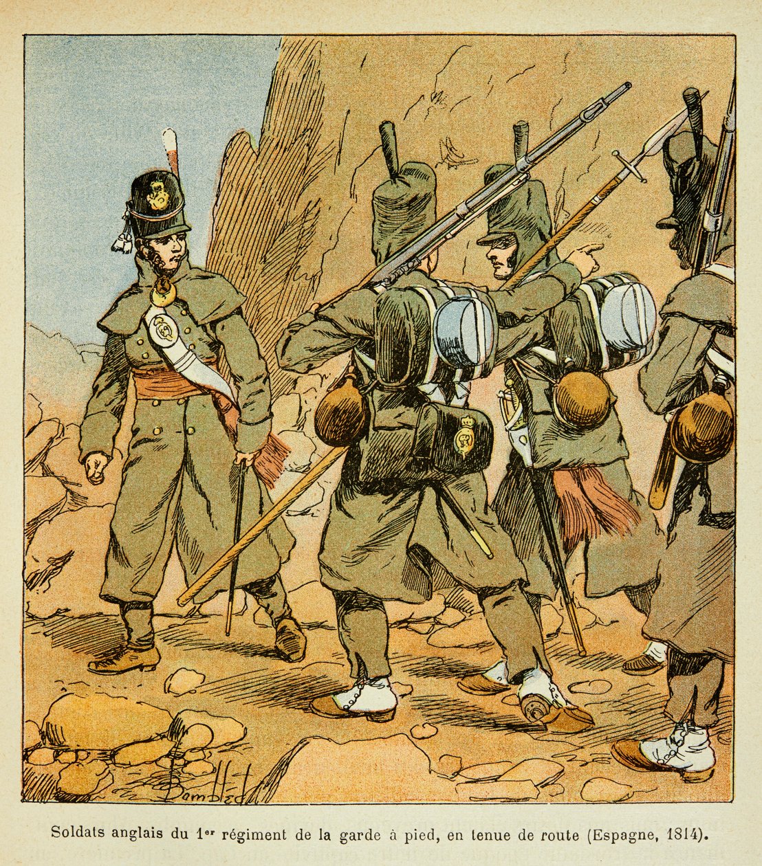 Ilustrace Bombardovaného Louise (1862-1927) z knihy „Památník svaté Heleny“ od hraběte Emmanuela de Las Cases (1766-1842): Angličtí vojáci 1. gardového pluku na silnici (Španělsko 1814), soukromá sbírka od Louis Charles Bombled