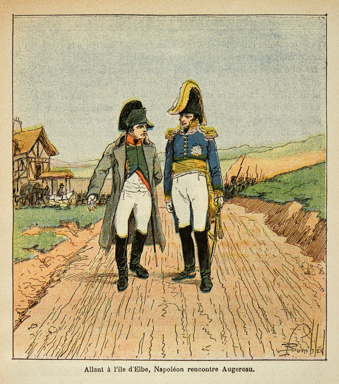 Ilustrace Bombardovaného Louise (1862-1927) z knihy „Památník svaté Heleny“ od hraběte Emmanuela de Las Cases (1766-1842): Na cestě na ostrov Elba se Napoleon setkává s Augereauem, soukromá sbírka od Louis Charles Bombled