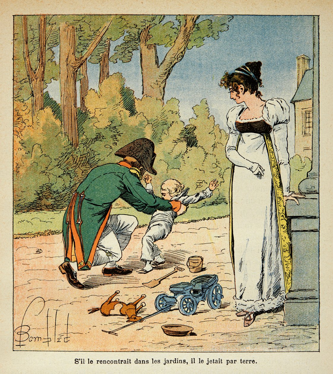 Ilustrace Bombardovaného Louise (1862-1927) z knihy „Památník svaté Heleny“ od hraběte Emmanuela de Las Cases (1766-1842): Napoleon si hraje se svým synem v přítomnosti Marie Louise, soukromá sbírka od Louis Charles Bombled