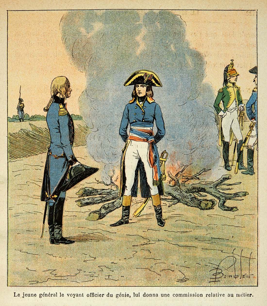 Ilustrace Bombardovaného Louise (1862-1927) z knihy „Památník svaté Heleny“ od hraběte Emmanuela de Las Cases (1766-1842): první setkání mezi Bonapartem a marechalem Henrim Gatienem Bertrandem (1773-1844), tehdejším důstojníkem džina v italské armádě od Louis Charles Bombled