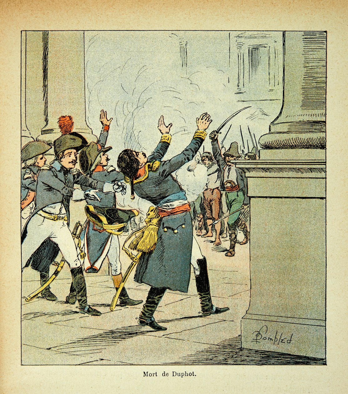 Ilustrace Bombardovaného Louise (1862-1927) z knihy „Památník svaté Heleny“ od hraběte Emmanuela de Las Cases (1766-1842): Atentát na generála Leonarda Duphota (1769-1797) v Římě v roce 1797, soukromá sbírka od Louis Charles Bombled