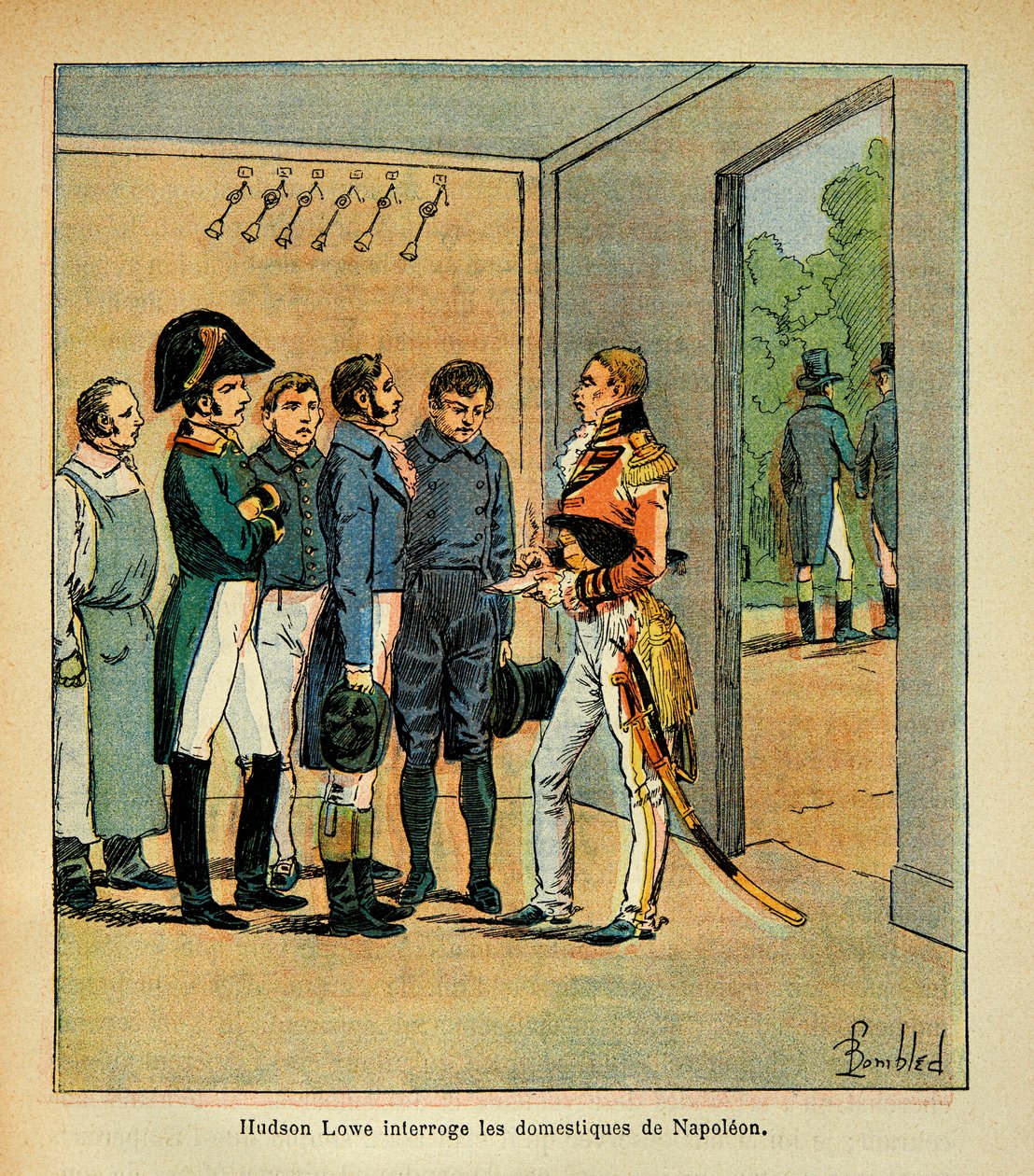 Ilustrace Bombardovaného Ludvíka (1862-1927) z knihy „Památník svaté Heleny“ od hraběte Emmanuela de Las Cases (1766-1842): Guvernér Hudson Lowe (1769-1844) se ptá služebníků císaře Napoleona, Soukromá sbírka od Louis Charles Bombled