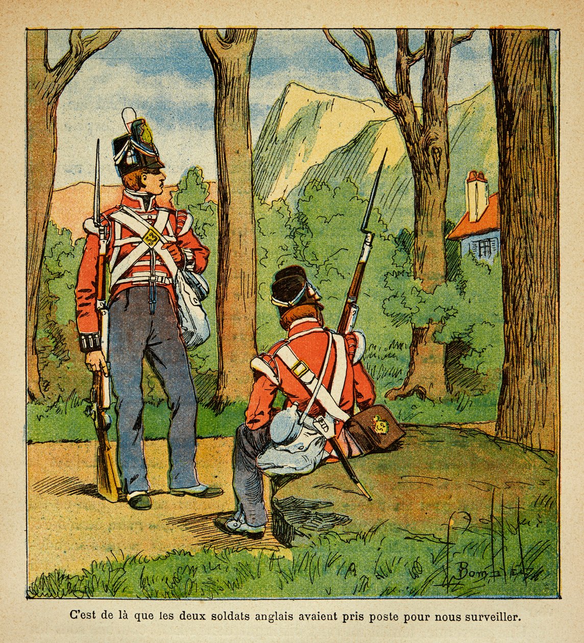 Ilustrace Bombardovaného Ludvíka (1862-1927) z knihy „Památník svaté Heleny“ od hraběte Emmanuela de Las Cases (1766-1842): Angličtí vojáci zodpovědní za dohled nad císařem Napoleonem v St. Helene, soukromá sbírka od Louis Charles Bombled