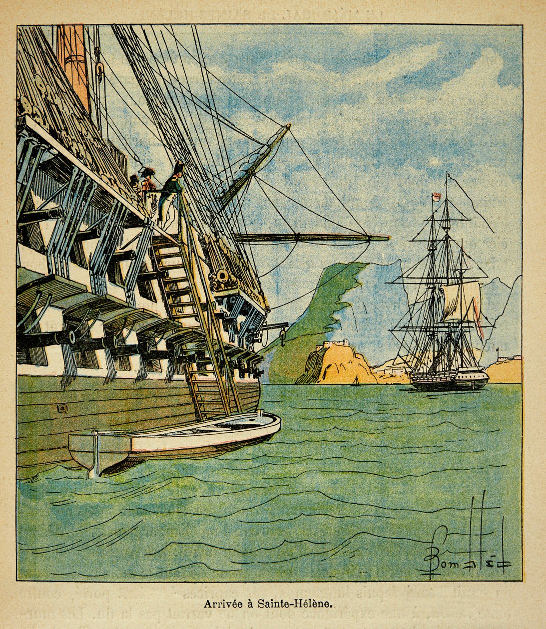Ilustrace Bombardovaného Louise (1862-1927) z knihy „Památník svaté Heleny“ od hraběte Emmanuela de Las Cases (1766-1842): Příjezd Napoleona do Sainte Helene 15. října od Louis Charles Bombled