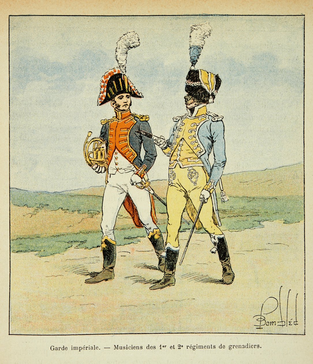 Ilustrace Bombardovaného Louise (1862-1927) z knihy „Památník svaté Heleny“ od hraběte Emmanuela de Las Cases (1766-1842): Císařská garda: Hudebníci 1. a 2. pluku granátníků, soukromá sbírka od Louis Charles Bombled