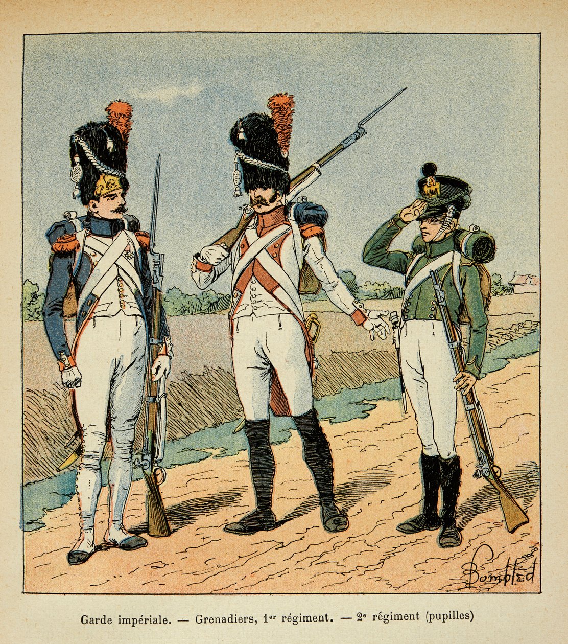 Ilustrace Bombardovaného Louise (1862-1927) z knihy „Památník svaté Heleny“ od hraběte Emmanuela de Las Cases (1766-1842): Garde Imperiale; Granátník 1. pluku; žáci 2. pluku, Soukromá sbírka od Louis Charles Bombled