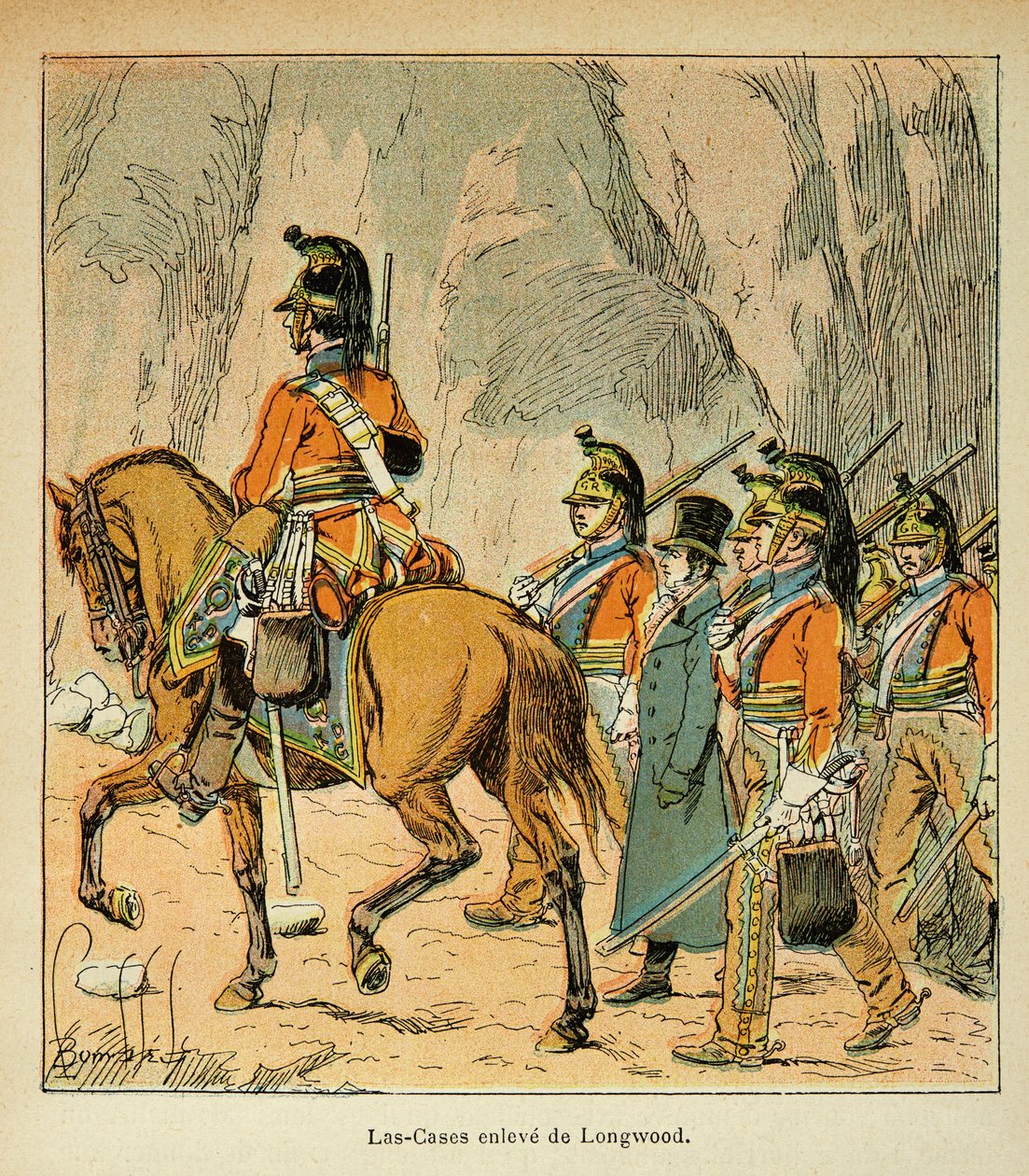 Ilustrace Bombardovaného Louise (1862-1927) z knihy „Památník svaté Heleny“ od hraběte Emmanuela de Las Cases (1766-1842): Las Cases arerete na příkaz Hudsona Lowea (1769-1844) Soukromá sbírka od Louis Charles Bombled