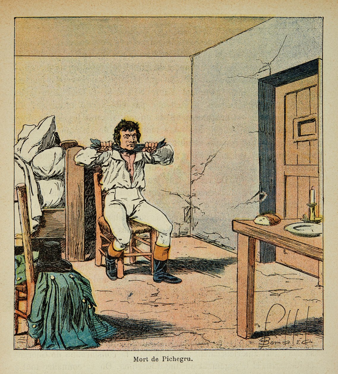 Ilustrace Bombardovaného Louise (1862-1927) z knihy „Památník svaté Heleny“ od hraběte Emmanuela de Las Cases (1766-1842): Smrt Jeana Charlese Pichegru (1761-1804) v jeho vězení v roce 1804, soukromá sbírka od Louis Charles Bombled