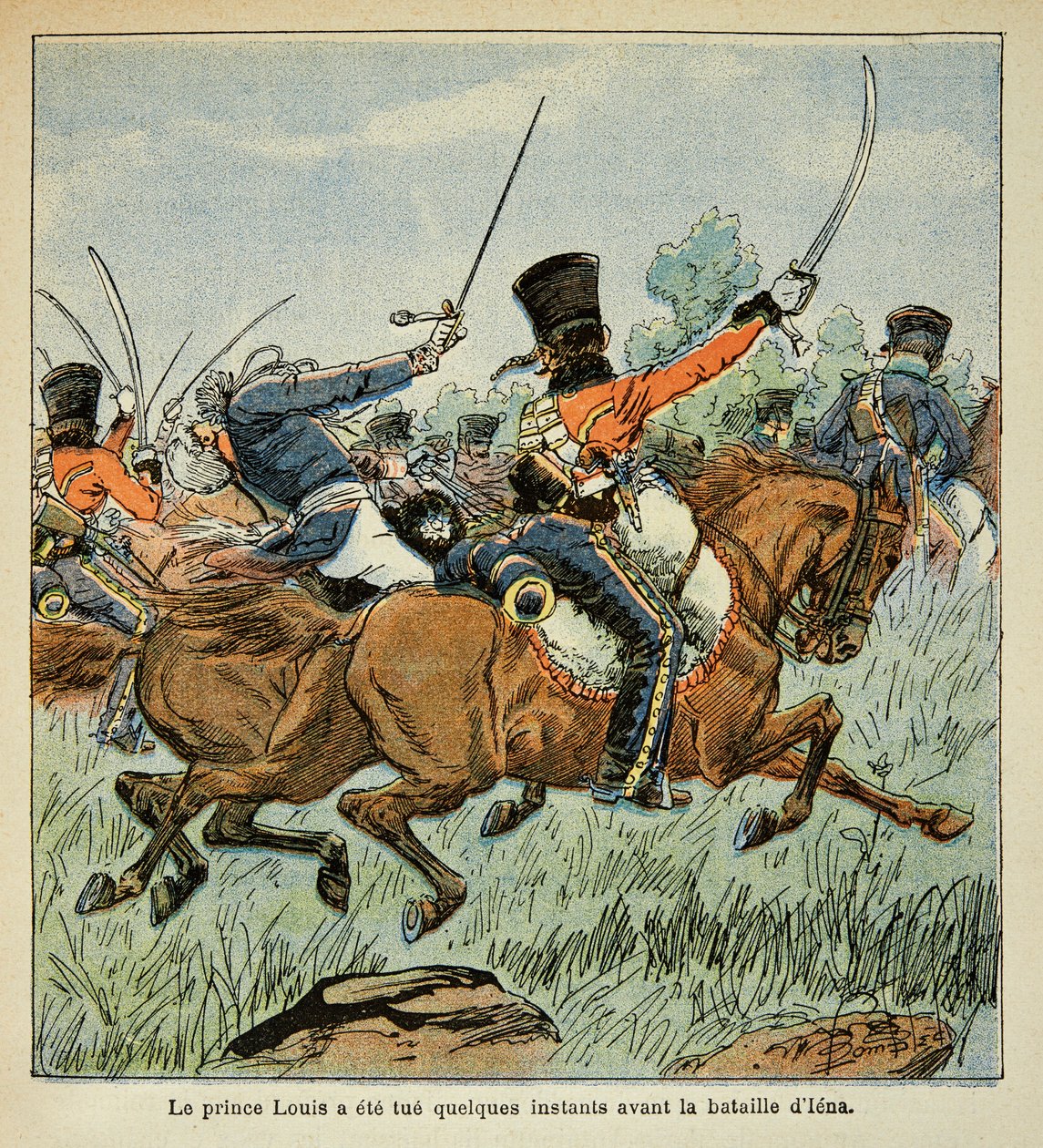 Ilustrace Bombardovaného Ludvíka (1862-1927) z knihy „Památník svaté Heleny“ od hraběte Emmanuela de Las Cases (1766-1842): Smrt prince Louise Ferdinanda Pruského (1772-1806) během bitvy u Saalfeldu v říjnu 10 od Louis Charles Bombled