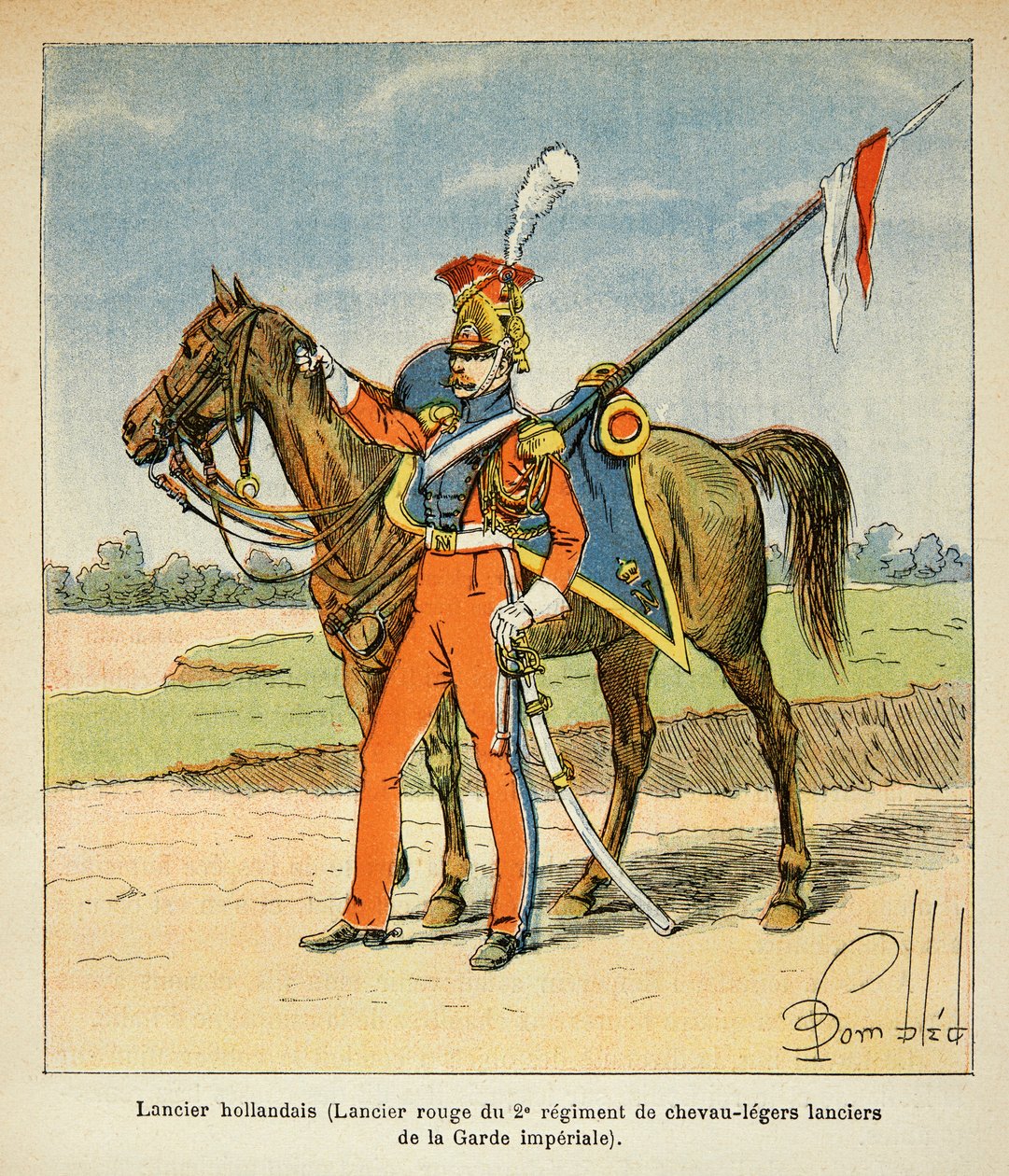 Ilustrace Bombardovaného Louise (1862-1927) z knihy „The Memorial of Saint Helene“ od hraběte Emmanuela de Las Cases (1766-1842): Portrét holandského kopiníka (Red Lancer z 2. pluku lehkých koní Imperial Guard), Soukromá sbírka od Louis Charles Bombled