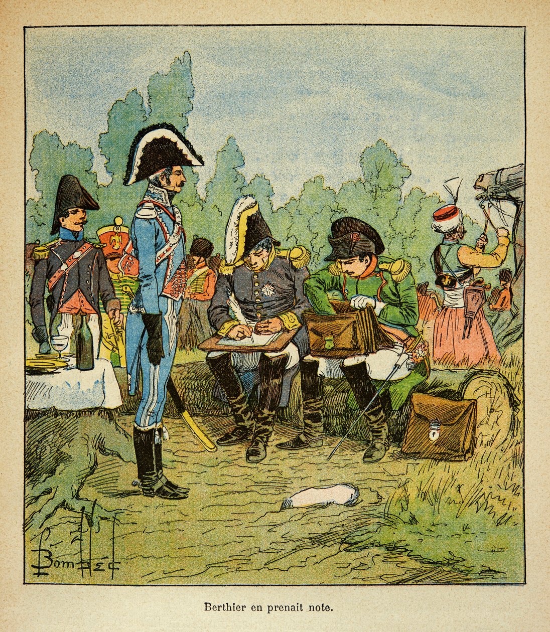 Ilustrace Bombardovaného Louise (1862-1927) z knihy „Památník svaté Heleny“ od hraběte Emmanuela de Las Cases (1766-1842): Marechal Louis Alexandre Berthier (1753-1815) zaznamenává Napoleonovy rozkazy, Částečná sbírka od Louis Charles Bombled