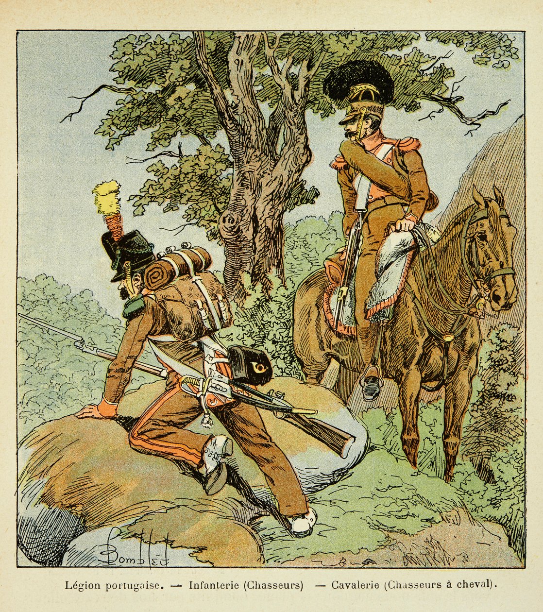 Ilustrace Bombardovaného Louise (1862-1927) z knihy „Památník svaté Heleny“ od hraběte Emmanuela de Las Cases (1766-1842): Portugalská legie: Pěchota (lovci) a kavalérie (lovci na koních), Soukromá sbírka od Louis Charles Bombled
