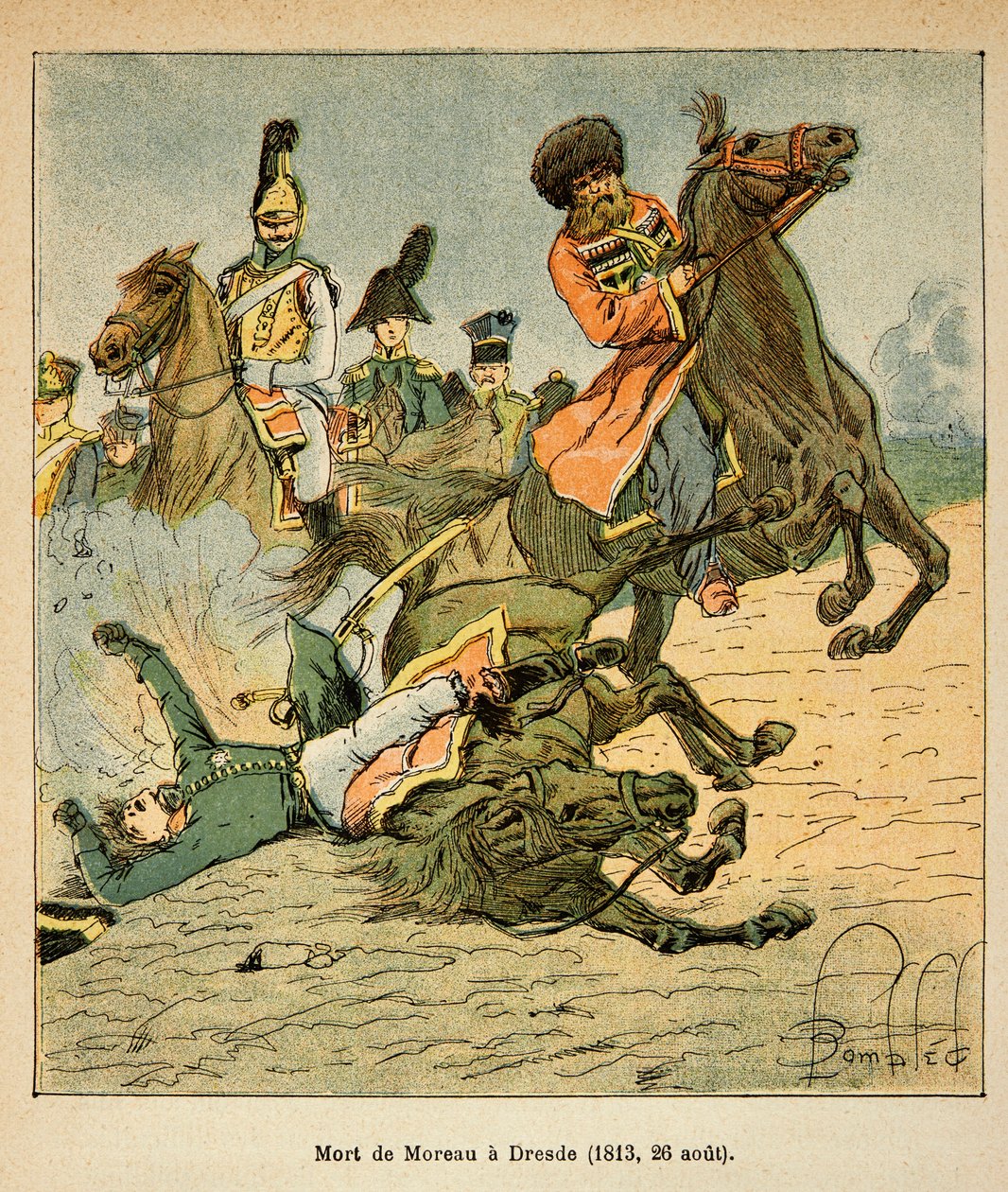 Ilustrace Bombardovaného Louise (1862-1927) z knihy „Památník svaté Heleny“ od hraběte Emmanuela de Las Cases (1766-1842): Smrt generála Jeana Victora Marie Moreaua (1763-1813) v bitvě u Drážďan dne 26. srpna 1813, Soukromá sbírka od Louis Charles Bombled