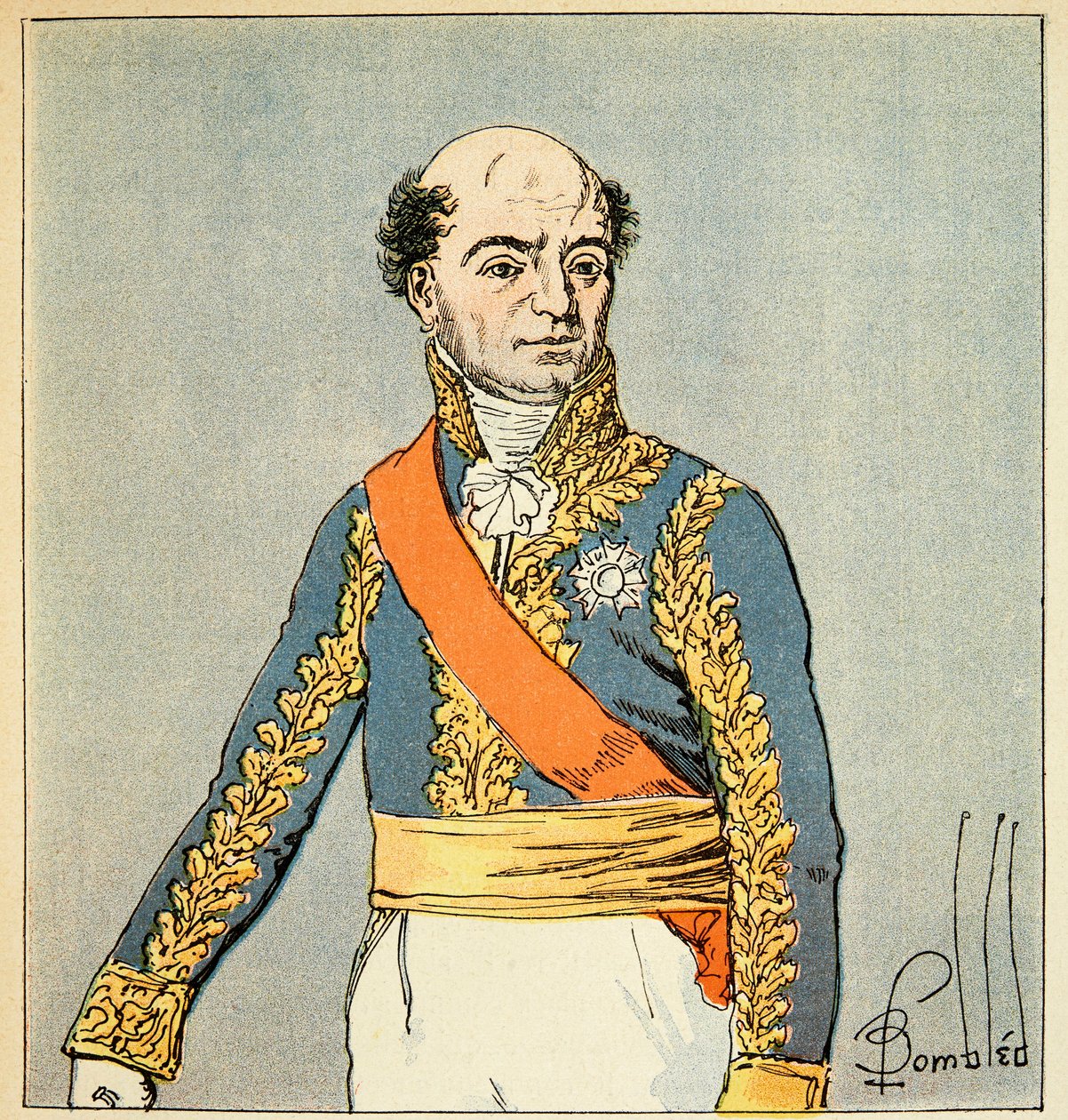 Ilustrace Bombardovaného Louise (1862-1927) z knihy „Památník svaté Heleny“ od hraběte Emmanuela de Las Cases (1766-1842): Portrét marechal Catherine Dominique de Perignon (1754-1818) Soukromá sbírka od Louis Charles Bombled