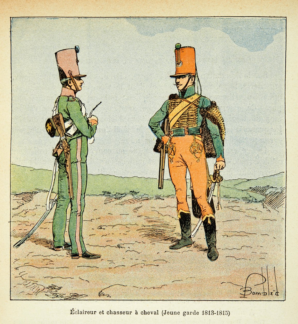 Ilustrace Bombardovaného Louise (1862-1927) z knihy „Památník svaté Heleny“ od hraběte Emmanuela de Las Cases (1766-1842): Armee Francaise: Zvěd a lovec mladé gardy 1813 - 1815, soukromá sbírka od Louis Charles Bombled