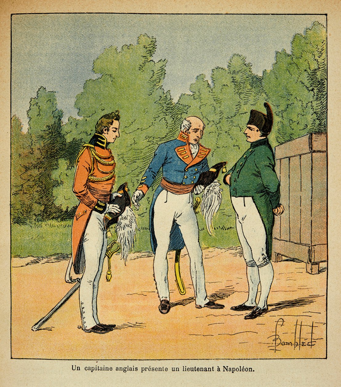 Ilustrace Bombardovaného Ludvíka (1862-1927) z knihy „Památník svaté Heleny“ od hraběte Emmanuela de Las Cases (1766-1842): Soukromá sbírka St. Helene, anglickému kapitánovi, který představuje poručíka císaře Napoleona od Louis Charles Bombled