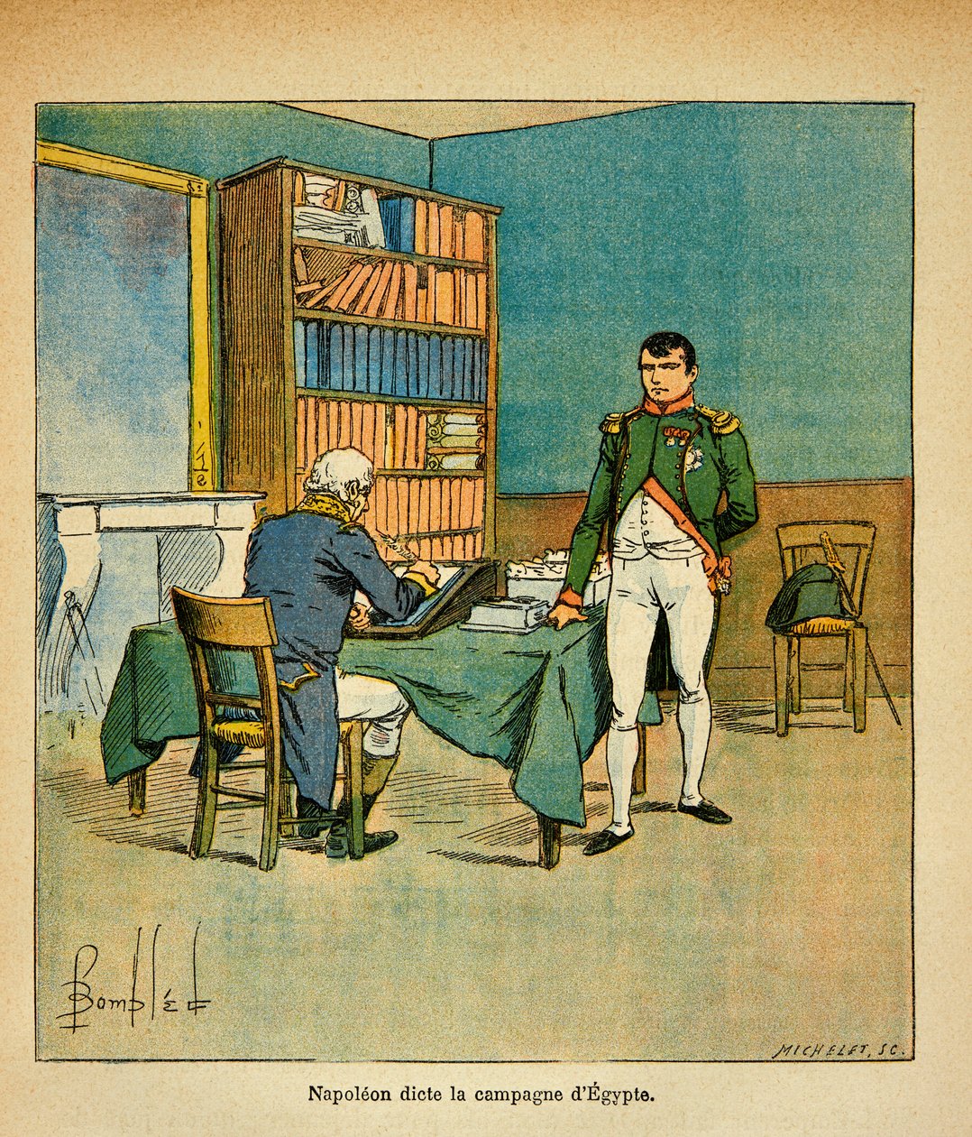 Ilustrace Bombardovaného Ludvíka (1862-1927) z knihy „Památník svaté Heleny“ od hraběte Emmanuela de Las Cases (1766-1842): Císař Napoleon v exilu diktuje své pomníky velkému marechalovi Henrimu Gatienu Bertrandu (1773-1844) ) na egyptském cou od Louis Charles Bombled