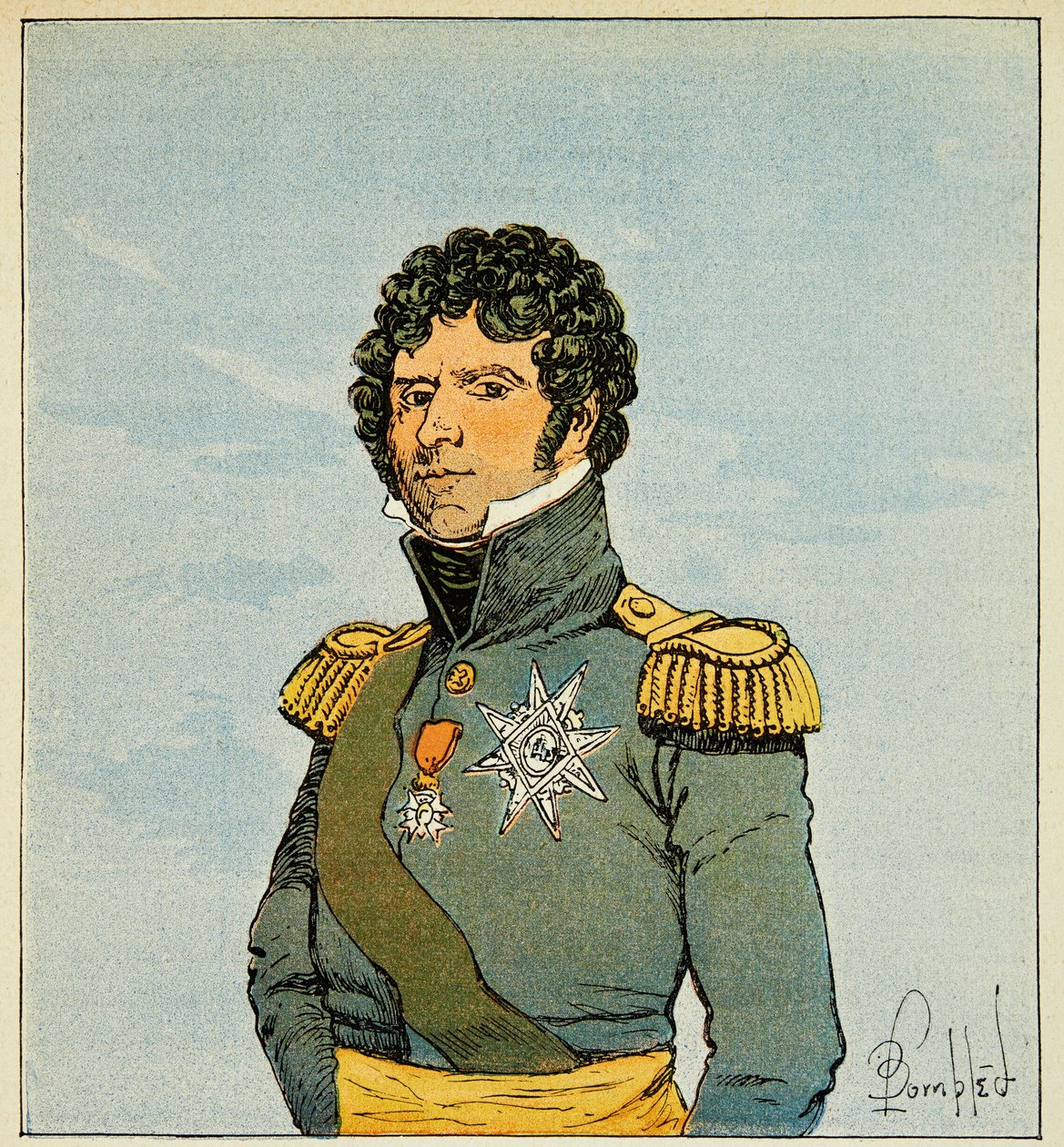 Ilustrace Bombardovaného Louise (1862-1927) z knihy „Památník svaté Heleny“ od hraběte Emmanuela de Las Cases (1766-1842): Portrét marechala Jean Baptiste Bernadotte (1763-1844) známého jako seržant Belle Leg, princ z Ponte Corvo, král Sue od Louis Charles Bombled