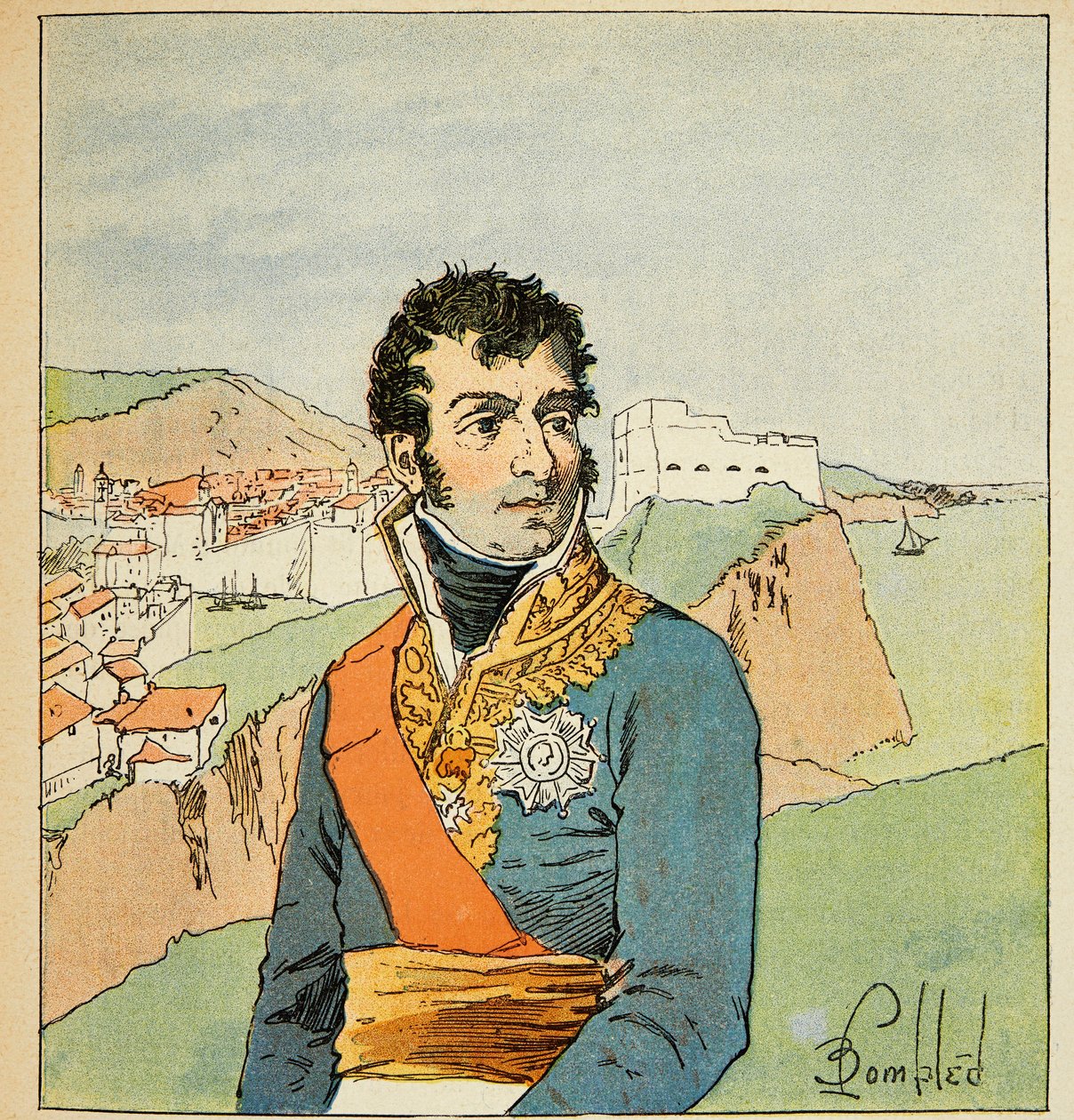 Ilustrace Bombardovaného Louise (1862-1927) z knihy „Památník svaté Heleny“ od hraběte Emmanuela de Las Cases (1766-1842): Portrét marechála Auguste Frederic Louis (Auguste-Frederic-Louis) od Viesse de Marmont ( 1774-1852), vévoda z Raguse, Pr od Louis Charles Bombled