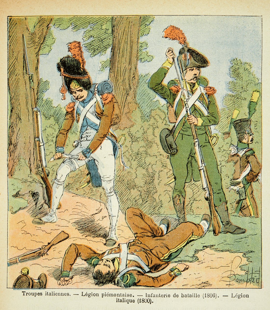 Ilustrace Bombardovaného Louise (1862-1927) z knihy „Památník svaté Heleny“ od hraběte Emmanuela de Las Cases (1766-1842): Italská vojska, Piemontaise Legion: Battle Infantry (1806, Italic Legion (1800), Private Collection od Louis Charles Bombled