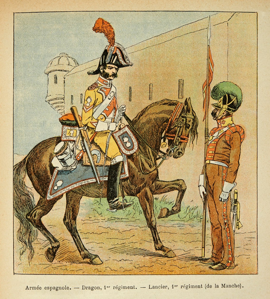 Ilustrace Bombardovaného Louise (1862-1927) z knihy „Památník svaté Heleny“ od hraběte Emmanuela de Las Cases (1766-1842): Spanish Armee: Dragon 1. regimentu a Lancier 1. Regiment of the Channel, Private Sbírka od Louis Charles Bombled