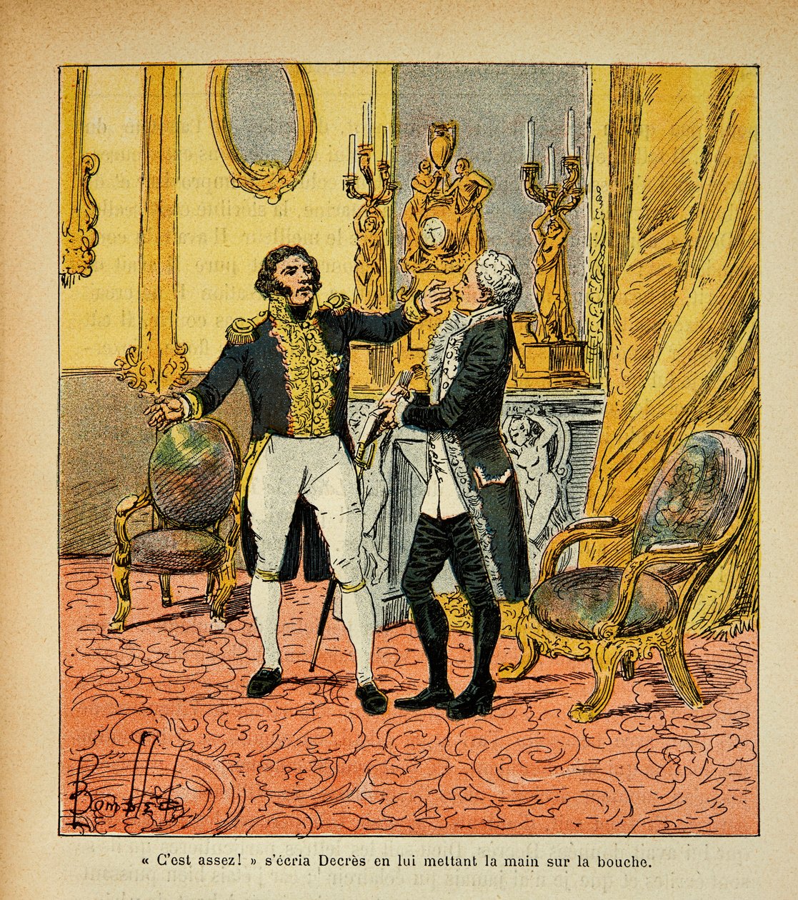 Ilustrace Bombardovaného Louise (1862-1927) z knihy „Památník svaté Heleny“ od hraběte Emmanuela de Las Cases (1766-1842): Talleyrand (1754-1838) tváří v tvář Denisu Decresovi (1761-1820) Soukromá sbírka od Louis Charles Bombled