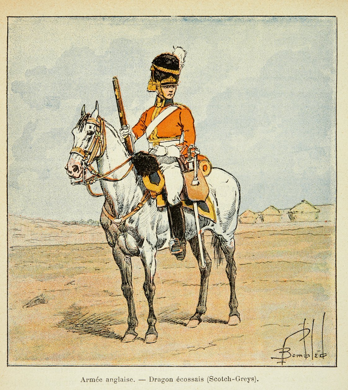 Ilustrace Bombardovaného Louise (1862-1927) z knihy „Památník svaté Heleny“ od hraběte Emmanuela de Las Cases (1766-1842): English Armee: Scottish Dragons (scotch greys), Private Collection od Louis Charles Bombled