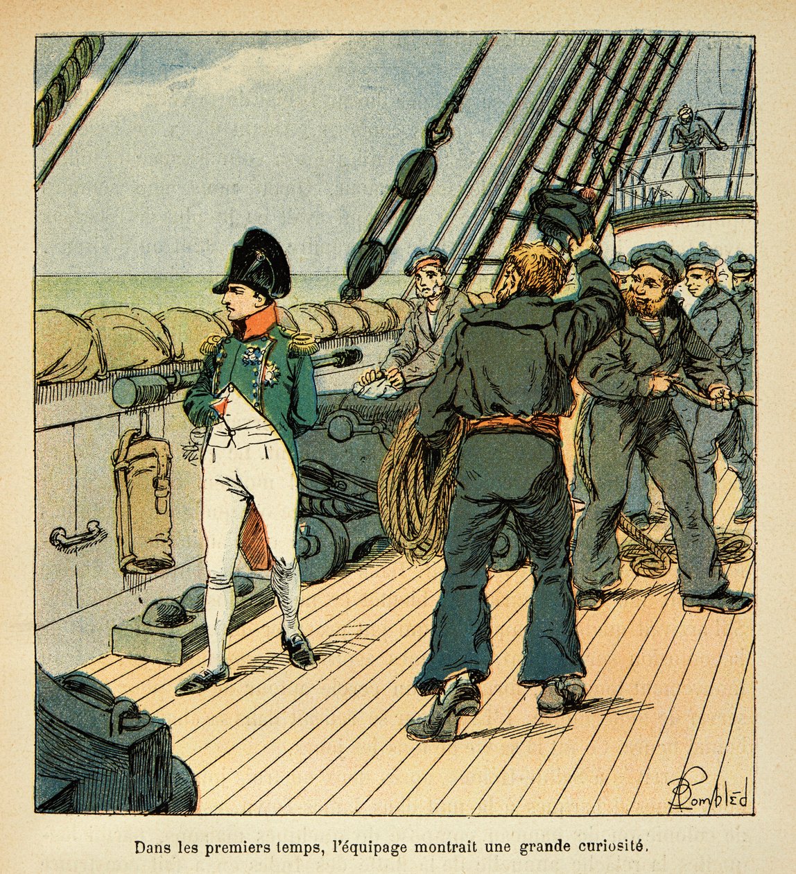 Ilustrace Bombardovaného Ludvíka (1862-1927) z knihy „Památník svaté Heleny“ od hraběte Emmanuela de Las Cases (1766-1842): Napoleon na cestě do St. Helene na palubě Northumberland přitahuje sympatie posádky, Soukromá sbírka od Louis Charles Bombled