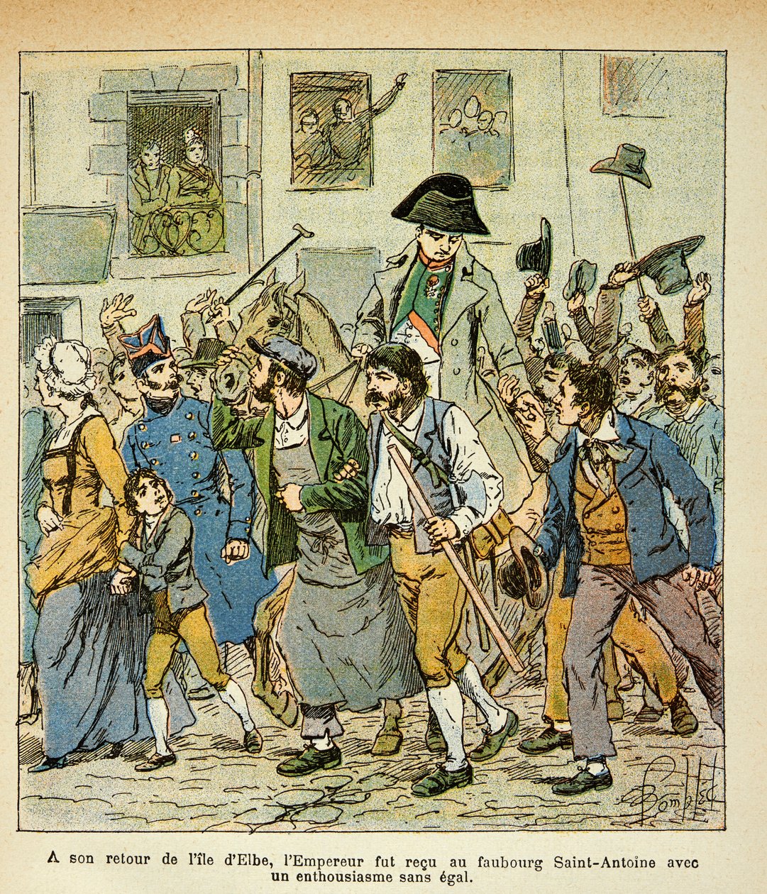 Ilustrace Bombardovaného Ludvíka (1862-1927) z knihy „Památník svaté Heleny“ od hraběte Emmanuela de Las Cases (1766-1842): Po návratu z Elby byl císař přijat ve faubourg Saint Antoine s nebývalým nadšením, Konkrétní Collec od Louis Charles Bombled