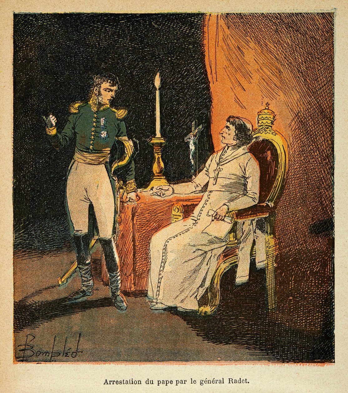 Ilustrace Bombardovaného Ludvíka (1862-1927) z knihy „Památník svaté Heleny“ od hraběte Emmanuela de Las Cases (1766-1842): zatčení papeže Pia VII generálem Stephenem Radetem (1762-1825) v roce 1809, soukromá sbírka od Louis Charles Bombled