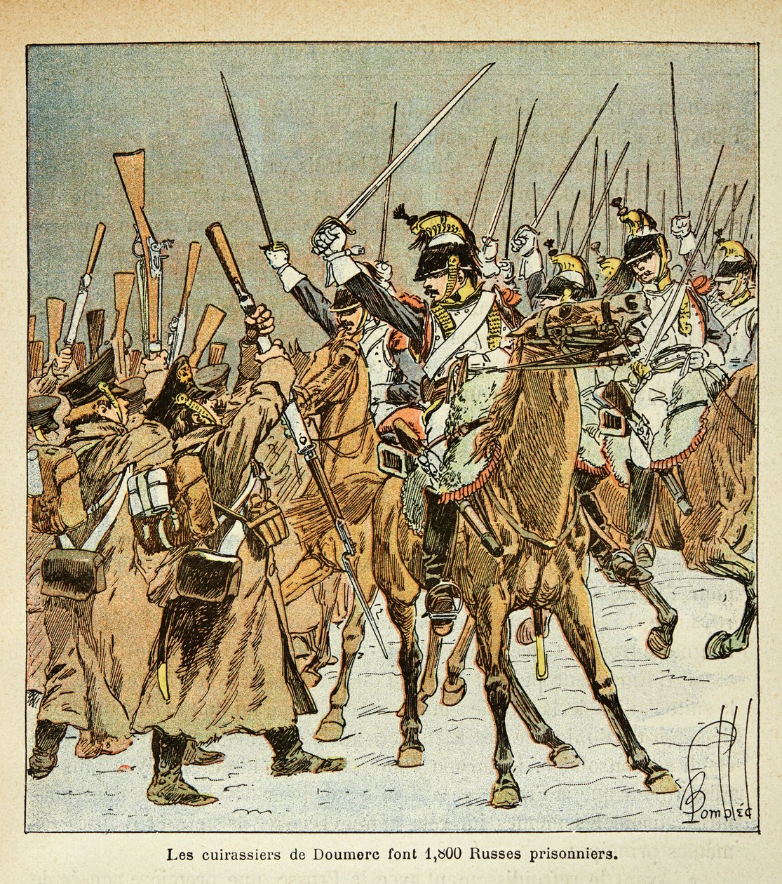 Ilustrace Bombardovaného Louise (1862-1927) z knihy „Památník sv. Heleny“ od hraběte Emmanuela de Las Cases (1766-1842): 9. pluk bitevních lodí plukovníka Doumere zajal 1800 Rusů během ruské kampaně, Soukromá sbírka od Louis Charles Bombled