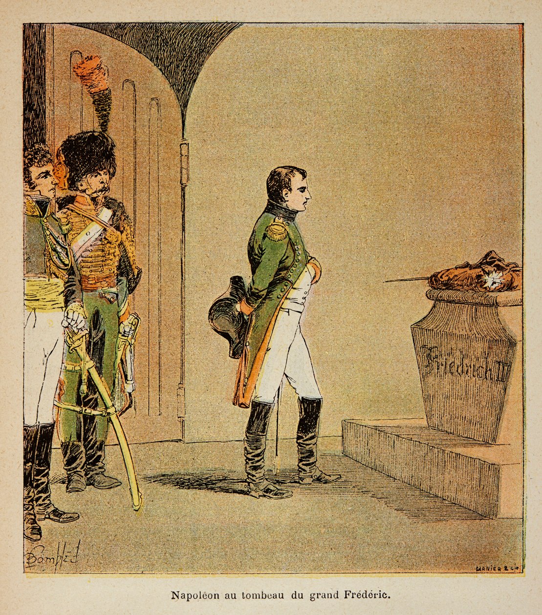 Ilustrace Bombardovaného Ludvíka (1862-1927) z knihy „Památník sv. Heleny“ od hraběte Emmanuela de Las Cases (1766-1842): Napoleon meditující nad rakví Fridricha II. Pruského v kryptě GarnisonKirche v Postupimi v 1806, Soukromá sbírka od Louis Charles Bombled