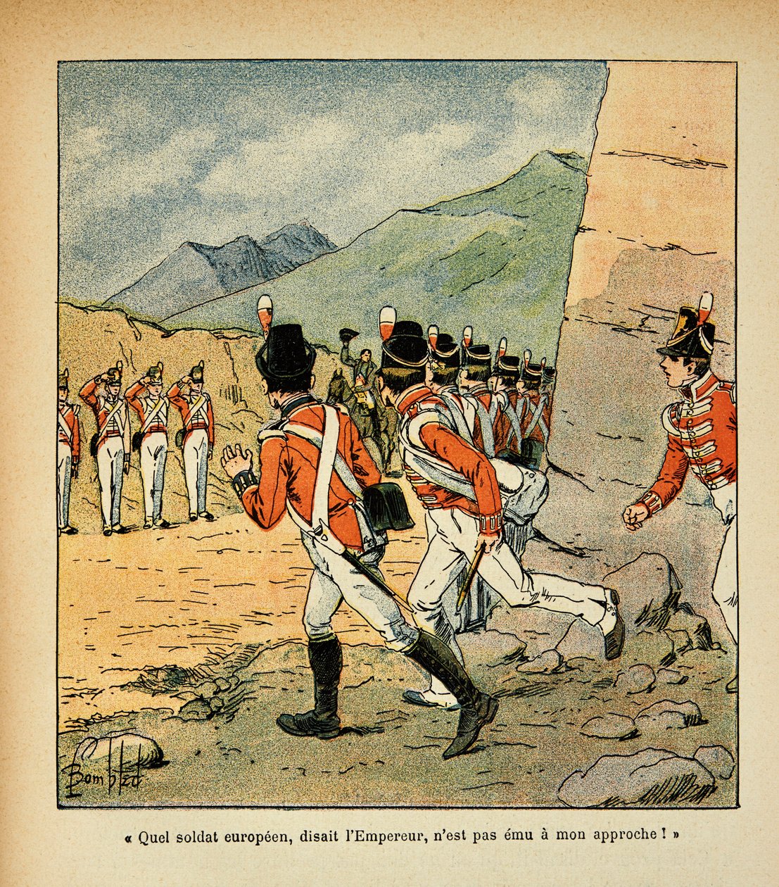 Ilustrace Bombardovaného Ludvíka (1862-1927) z knihy „Památník sv. Heleny“ od hraběte Emmanuela de Las Cases (1766-1842): Císař Napoleon vítá posádku sv. Heleny, soukromá sbírka od Louis Charles Bombled