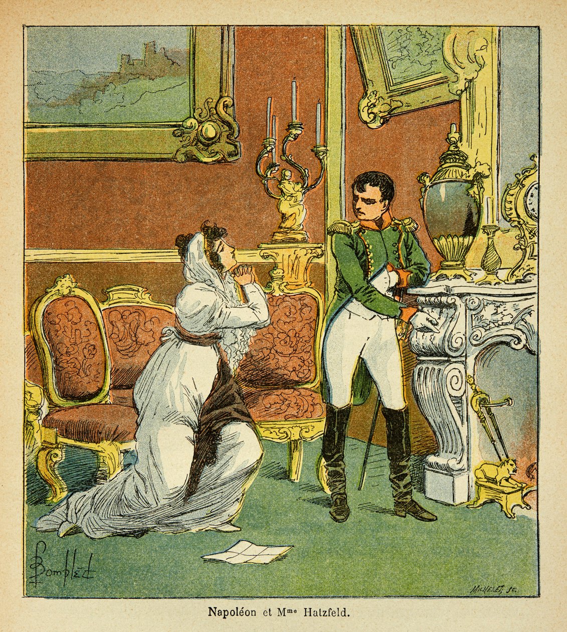 Ilustrace Bombardovaného Ludvíka (1862-1927) z knihy „Památník sv. Heleny“ od hraběte Emmanuela de Las Cases (1766-1842): Clemence císaře Napoleona vůči princezně z Hatzfeldu, která žádá o milost svého manžela , Soukromá sbírka od Louis Charles Bombled